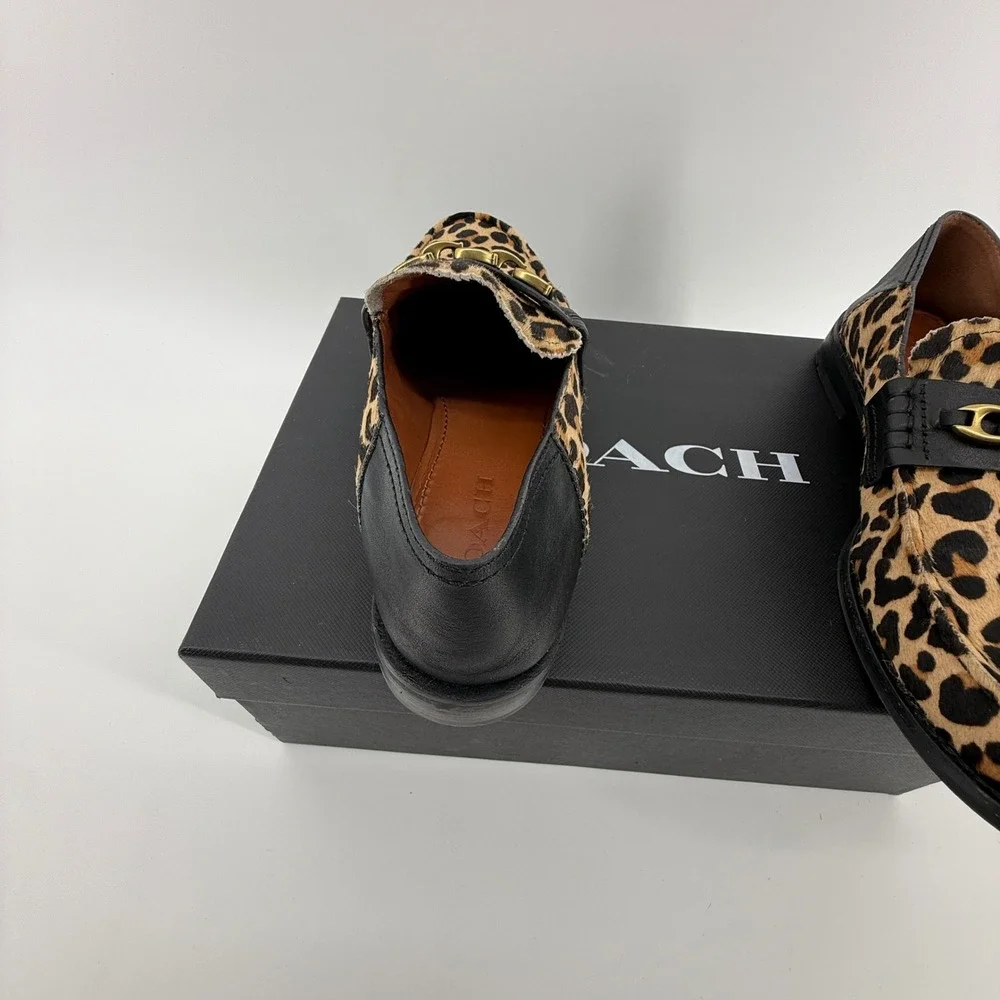 Coach Putnam Leopard Calf Hair Loafers‎ Black Leather Chain G2426 Natural 6.5B